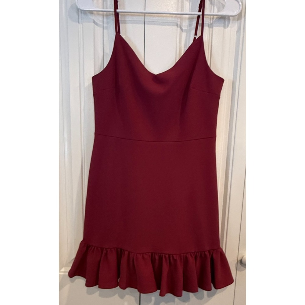 1.STATE Burgundy Ruffle Hem Mini Dress Size 2 Spaghetti Strap Slip Dress V-Neck